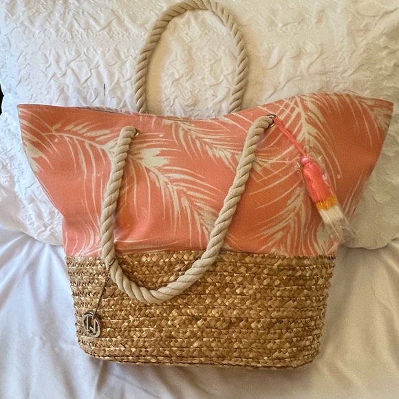Tropical Coral and Tan Beach Tote - Picture 1 of 6